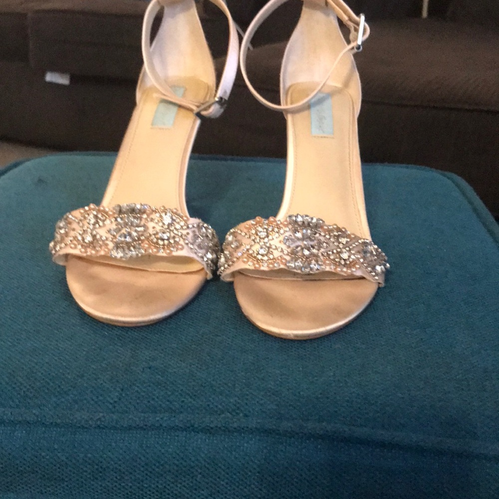 Satin two strap champagne wedding sandal heels